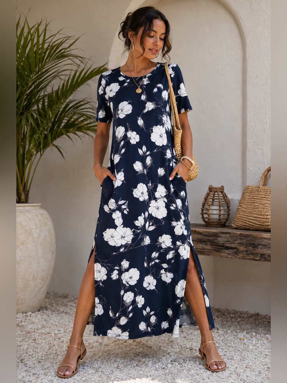 NWT Zeagoo Navy White Floral Maxi Dress Pockets Side Slit Stretch Large - Picture 1 of 6